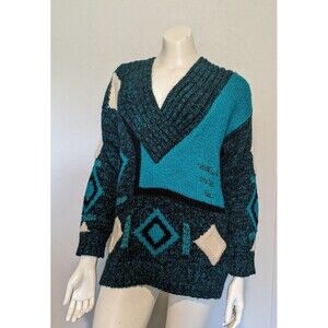 Vintage 80s Bold Geo V Neck Sweater M Tunic Sparkle Teal Acrylic Blend